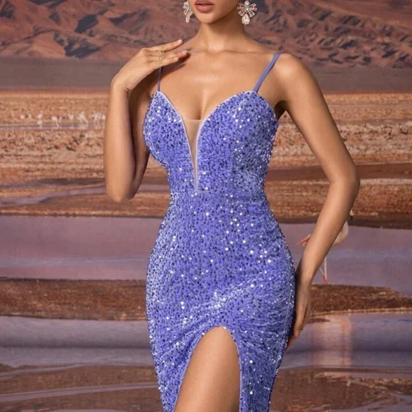 Luxe purple slit thigh sequins party dress - Picture 3 of 8